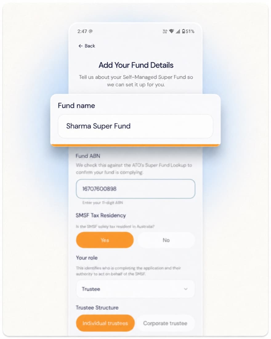 Indus app screen for adding your fund details