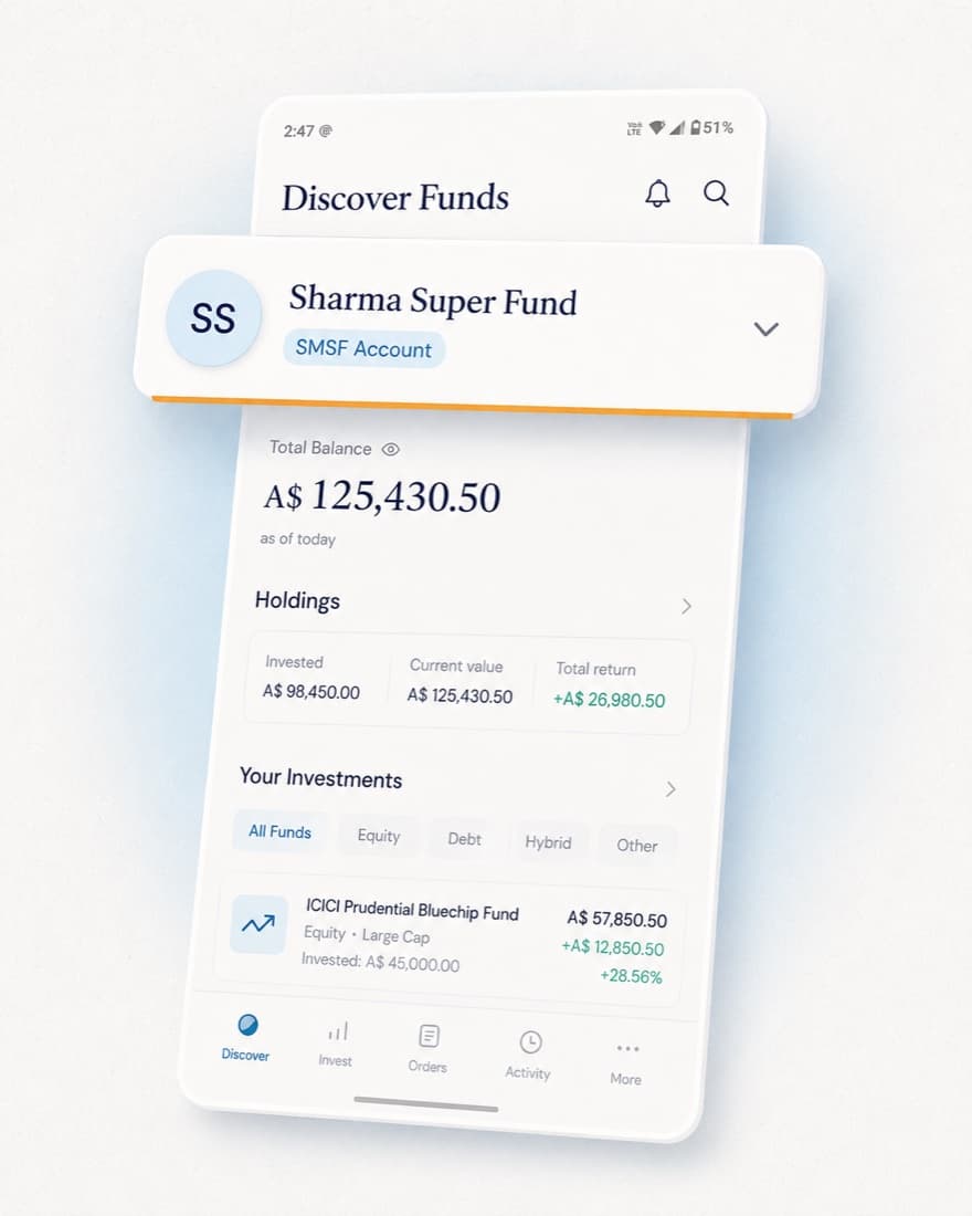 Indus app dashboard showing an SMSF portfolio and its holdings